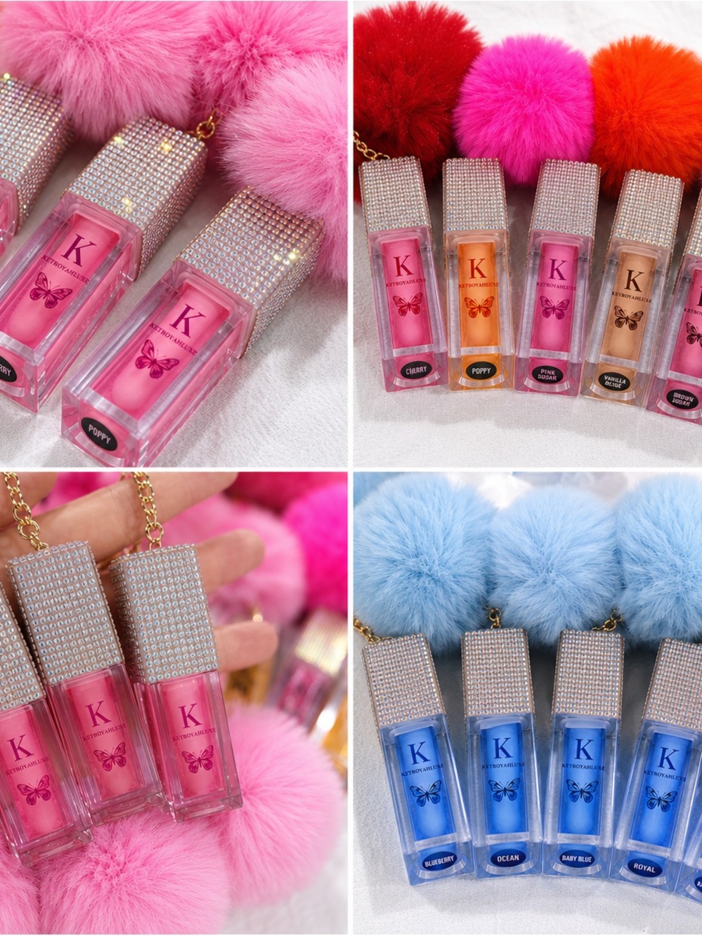 Butterfly Plush Pom Lip Gloss - Pink & Blue Options